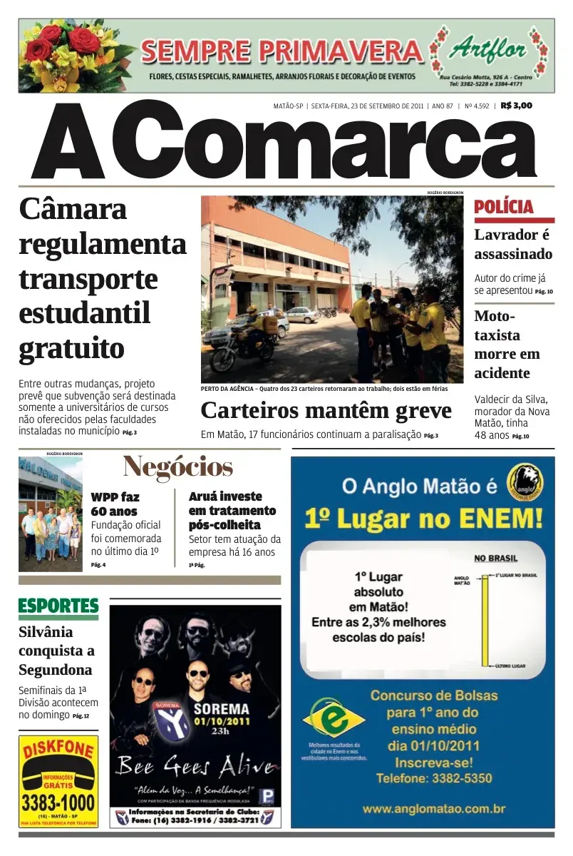 Primeira página da edição 4592 de A Comarca, 23 de setembro de 2011