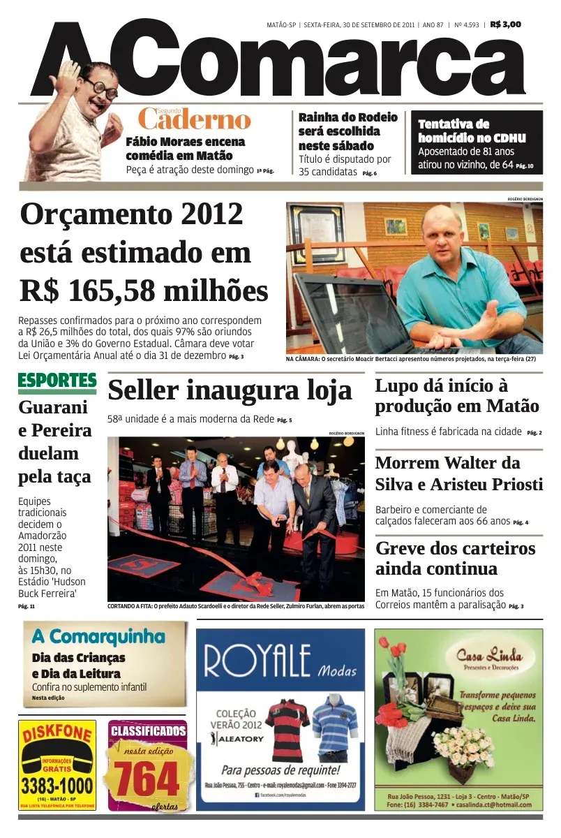 Primeira página da edição 4593 de A Comarca, 30 de setembro de 2011