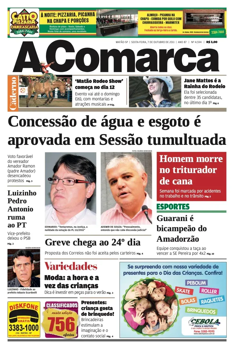 Primeira página da edição 4594 de A Comarca, 7 de outubro de 2011
