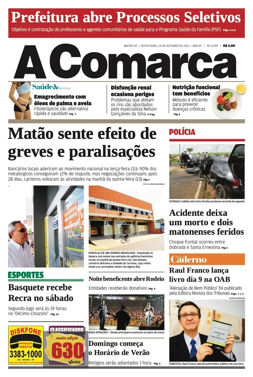 Primeira página da edição 4595 de A Comarca, 14 de outubro de 2011