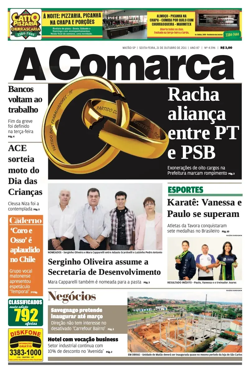 Primeira página da edição 4596 de A Comarca, 21 de outubro de 2011