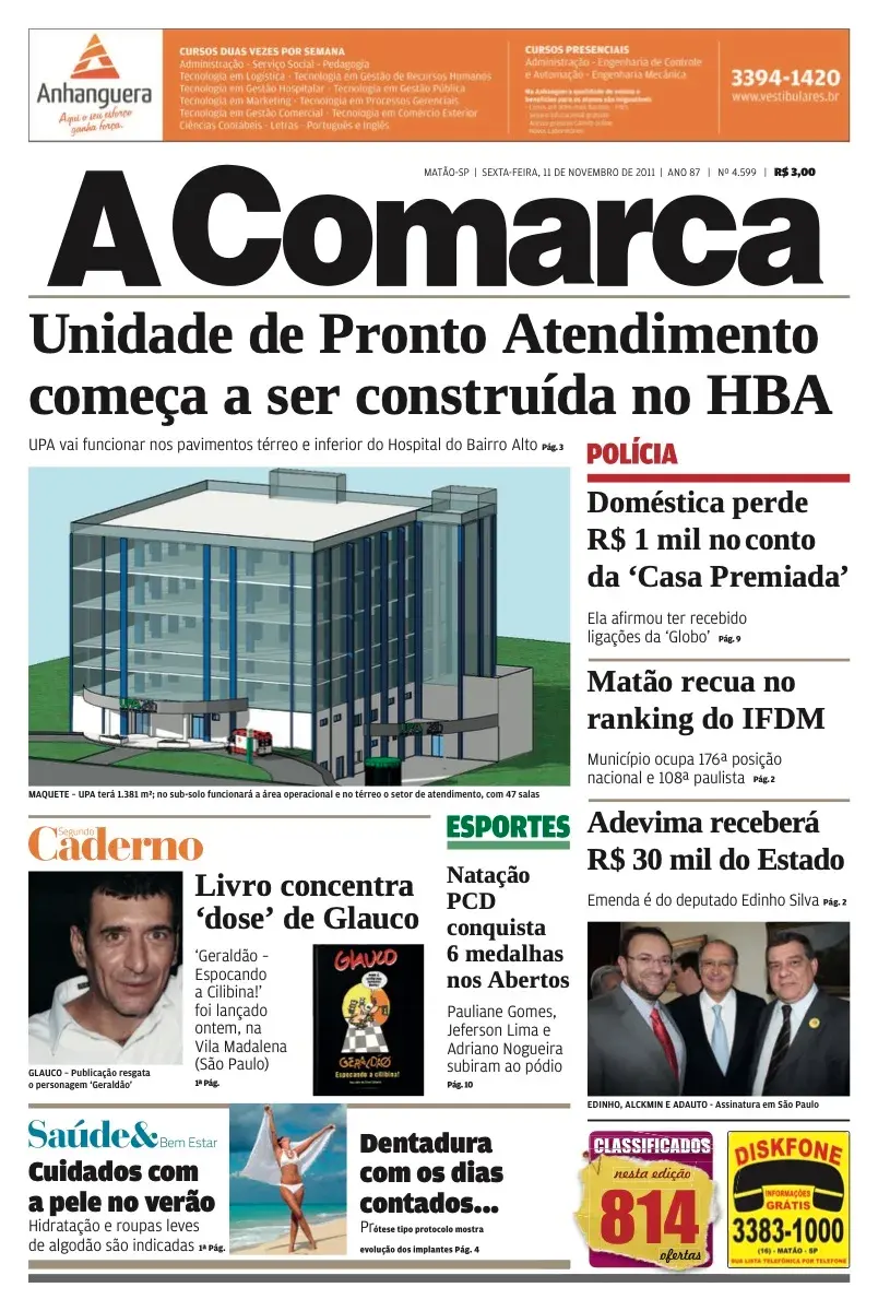 Primeira página da edição 4599 de A Comarca, 11 de novembro de 2011