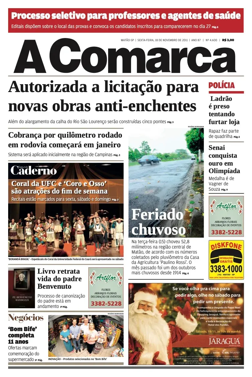 Primeira página da edição 4600 de A Comarca, 18 de novembro de 2011