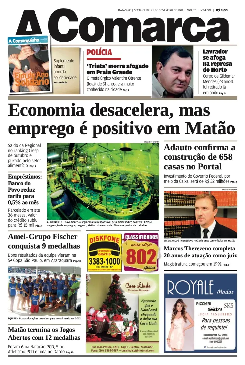 Primeira página da edição 4601 de A Comarca, 25 de novembro de 2011