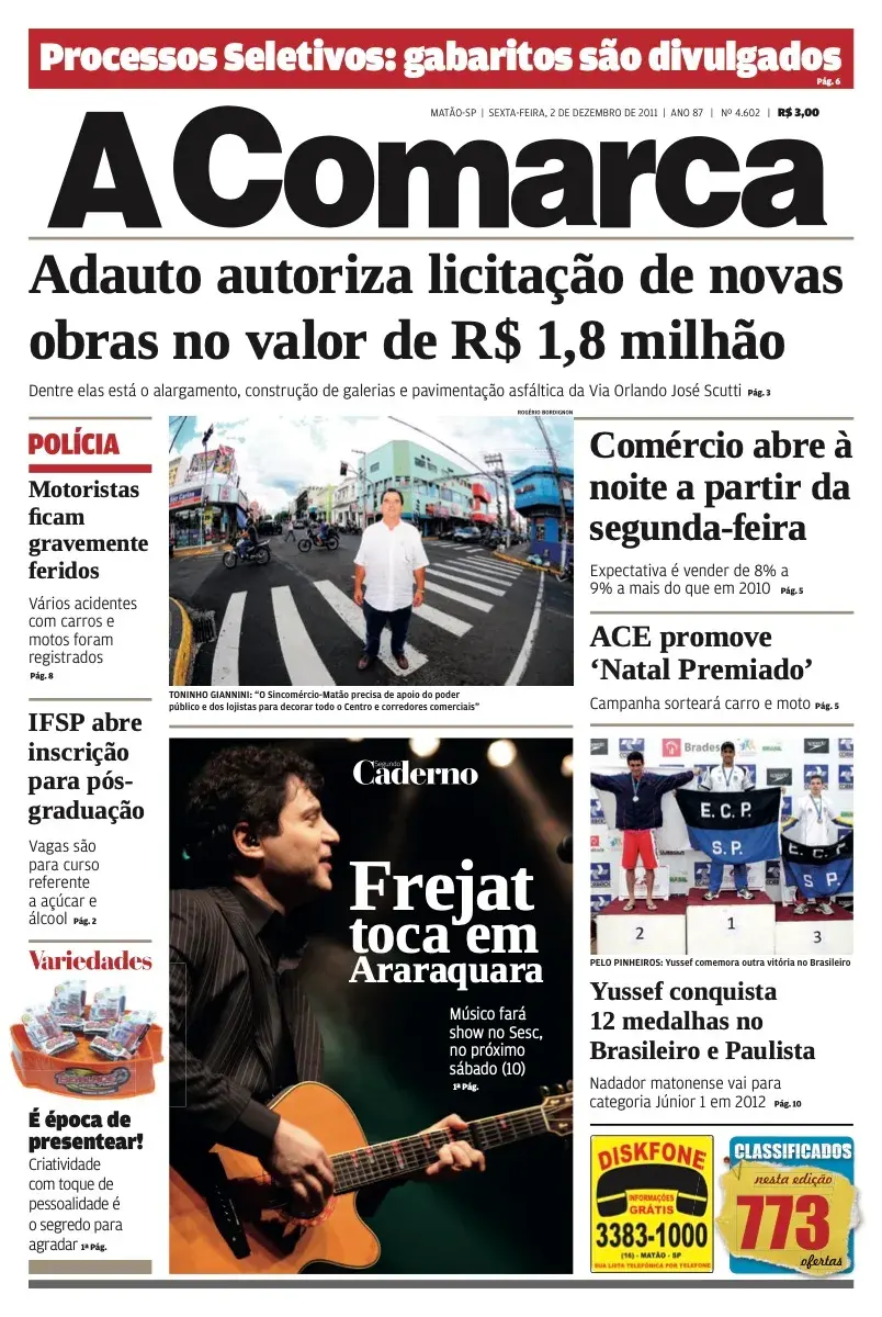 Primeira página da edição 4602 de A Comarca, 2 de dezembro de 2011