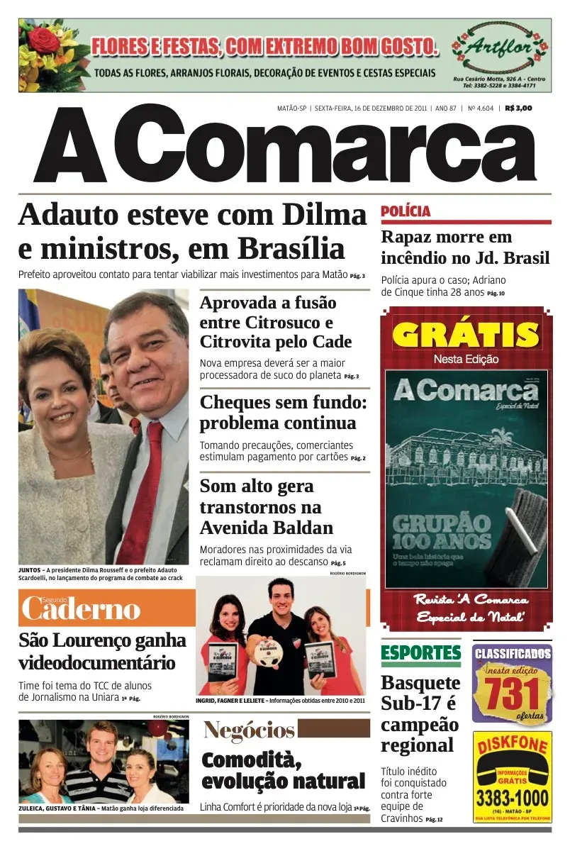 Primeira página da edição 4604 de A Comarca, 16 de dezembro de 2011