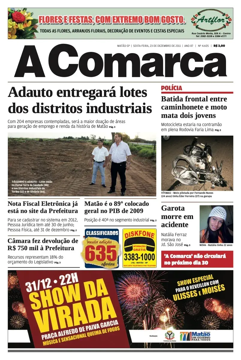 Primeira página da edição 4605 de A Comarca, 23 de dezembro de 2011