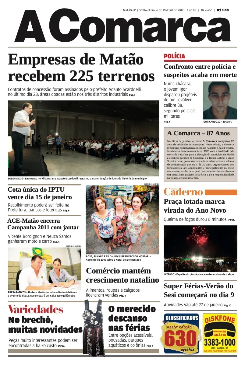 Primeira página da edição 4606 de A Comarca, 6 de janeiro de 2012