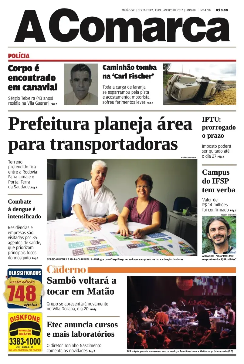 Primeira página da edição 4607 de A Comarca, 13 de janeiro de 2012