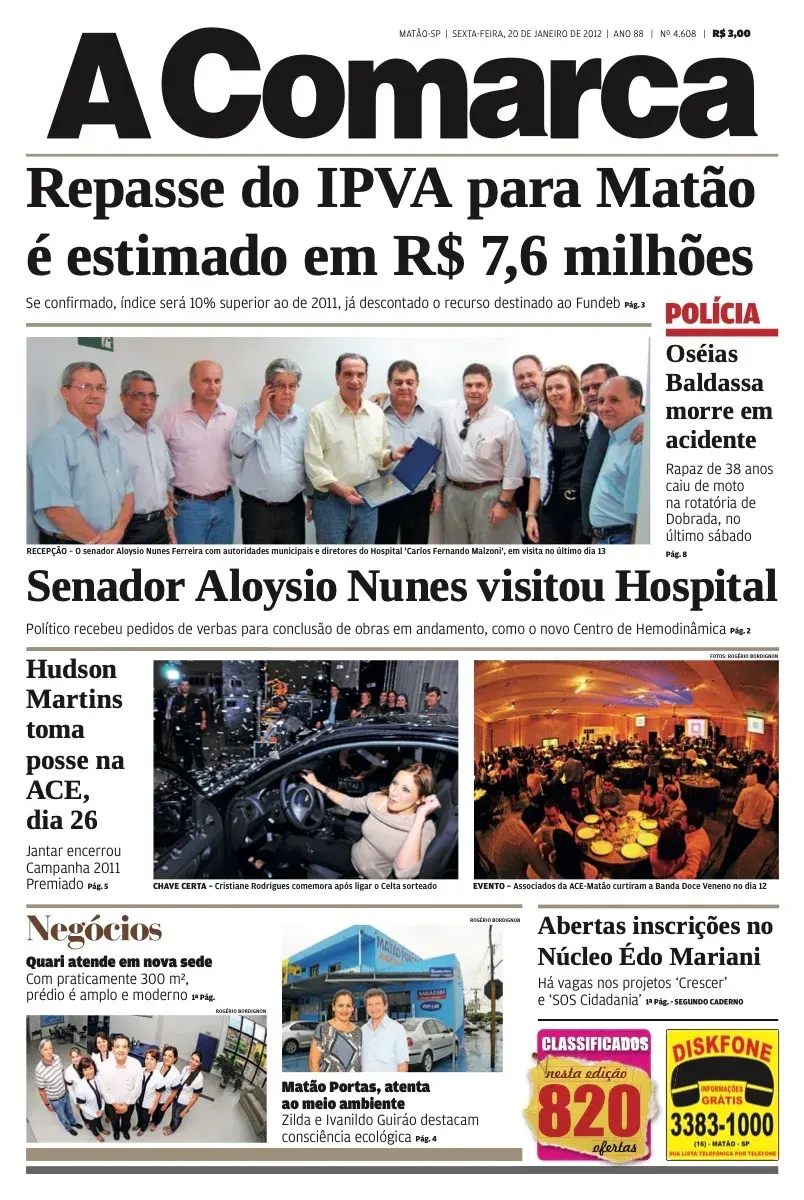 Primeira página da edição 4608 de A Comarca, 20 de janeiro de 2012