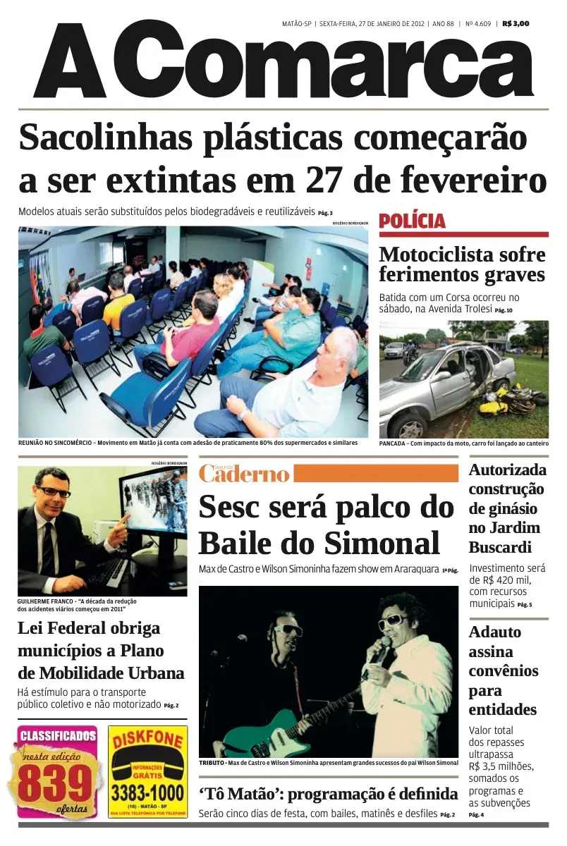 Primeira página da edição 4609 de A Comarca, 27 de janeiro de 2012