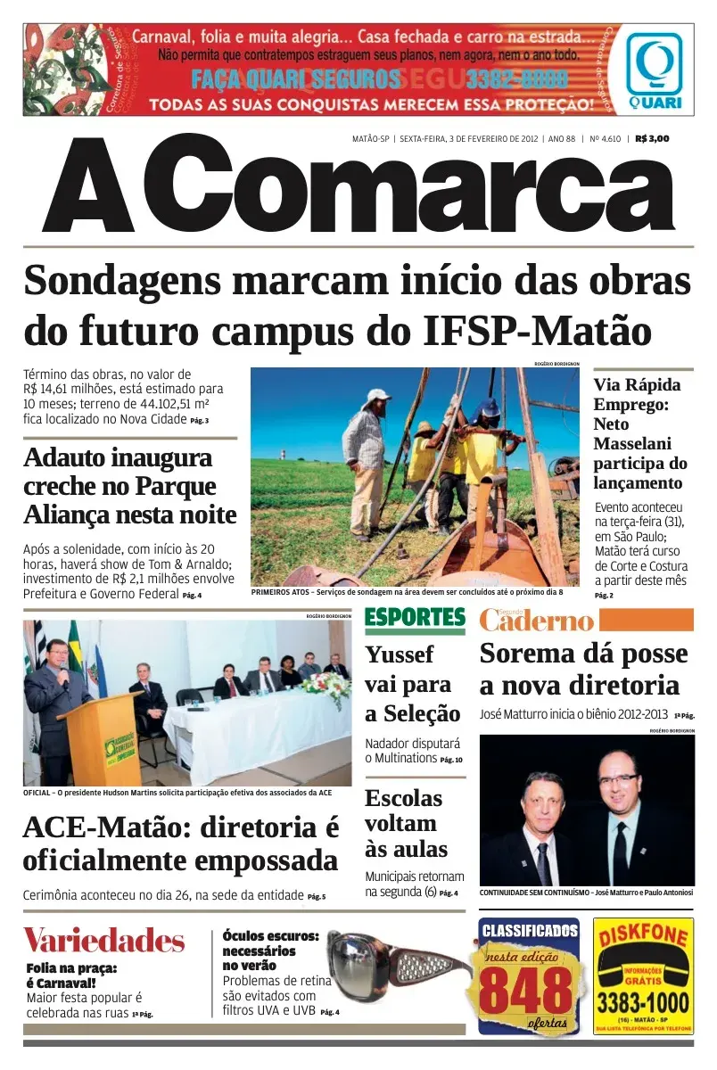 Primeira página da edição 4610 de A Comarca, 3 de fevereiro de 2012