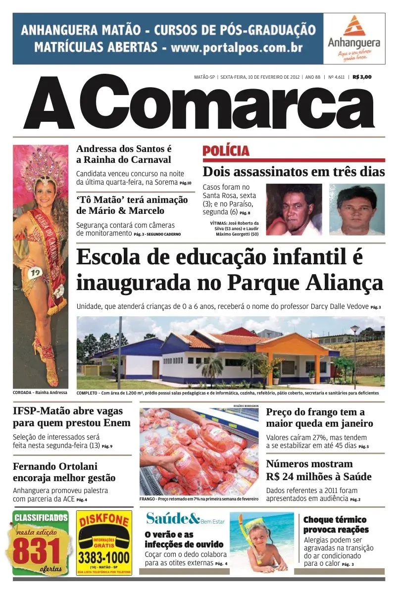 Primeira página da edição 4611 de A Comarca, 10 de fevereiro de 2012