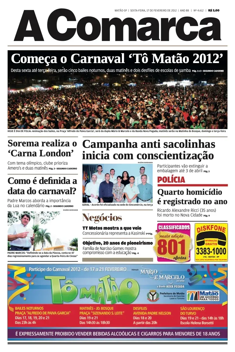 Primeira página da edição 4612 de A Comarca, 17 de fevereiro de 2012