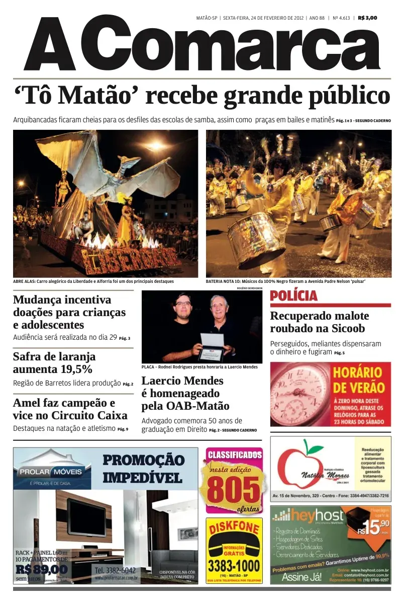 Primeira página da edição 4613 de A Comarca, 24 de fevereiro de 2012