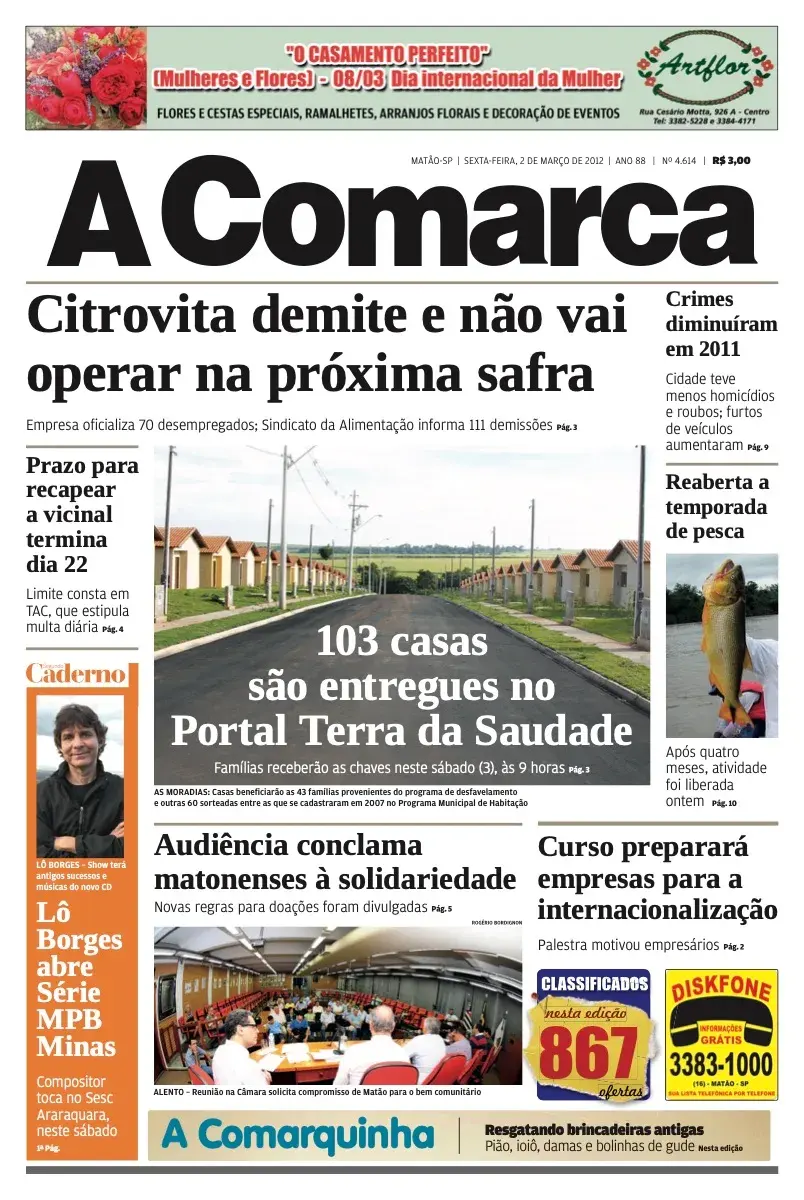 Primeira página da edição 4614 de A Comarca, 2 de março de 2012