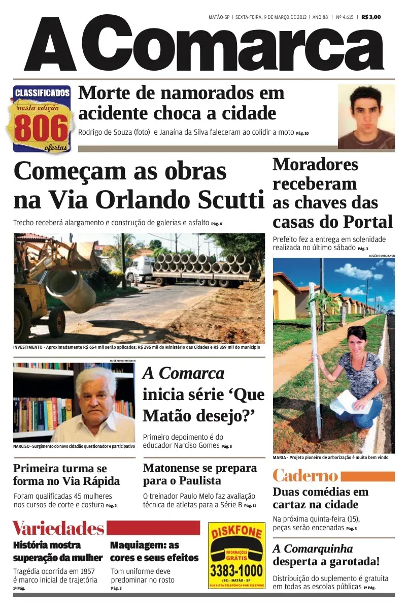 Primeira página da edição 4615 de A Comarca, 9 de março de 2012