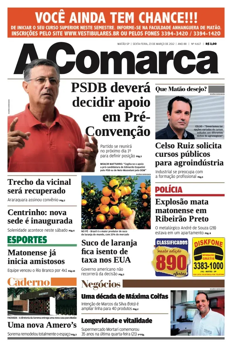 Primeira página da edição 4617 de A Comarca, 23 de março de 2012