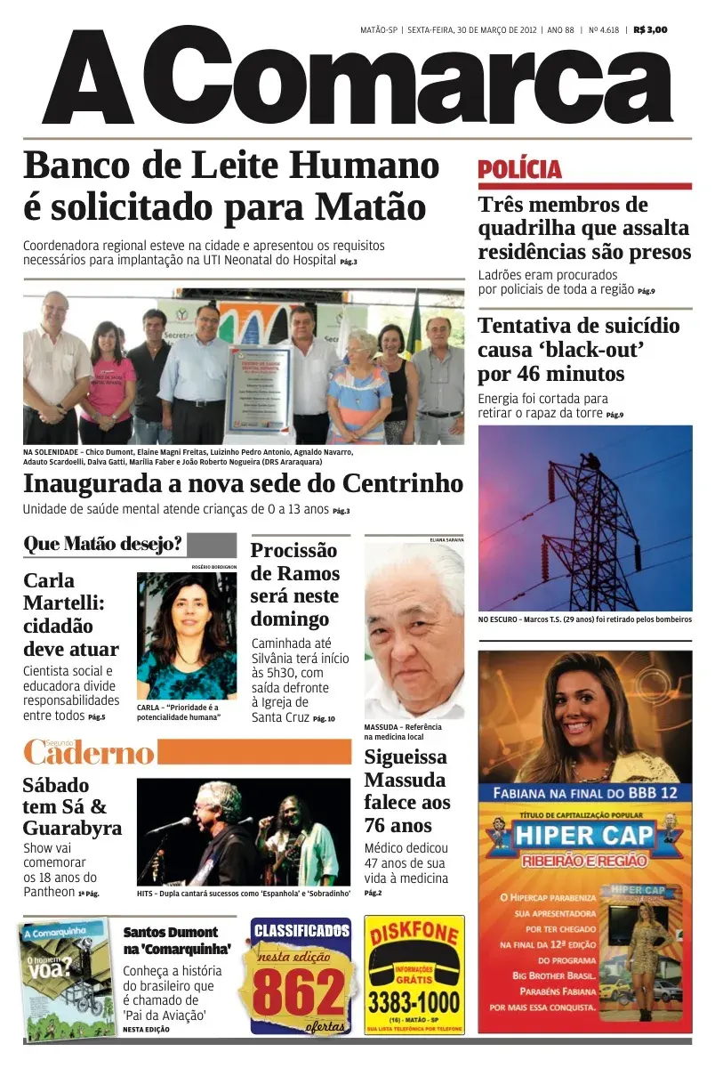 Primeira página da edição 4618 de A Comarca, 30 de março de 2012