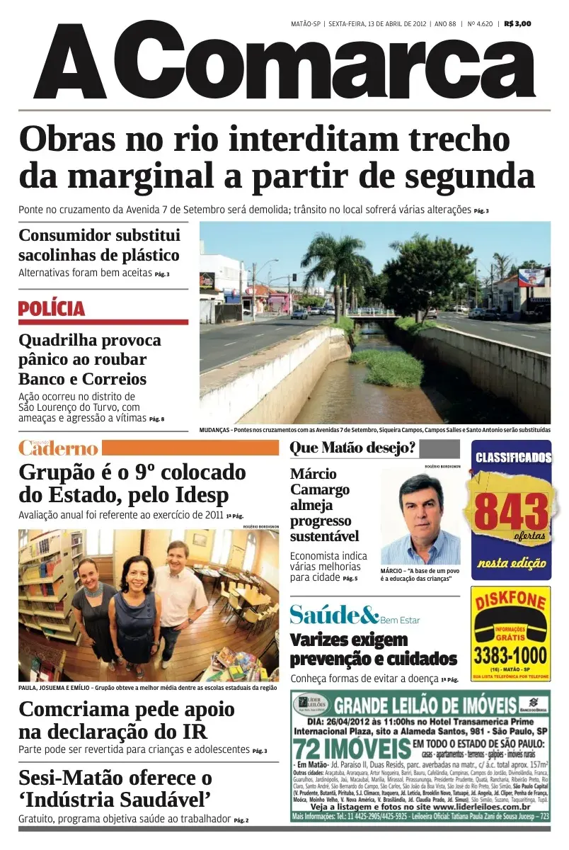 Primeira página da edição 4620 de A Comarca, 13 de abril de 2012