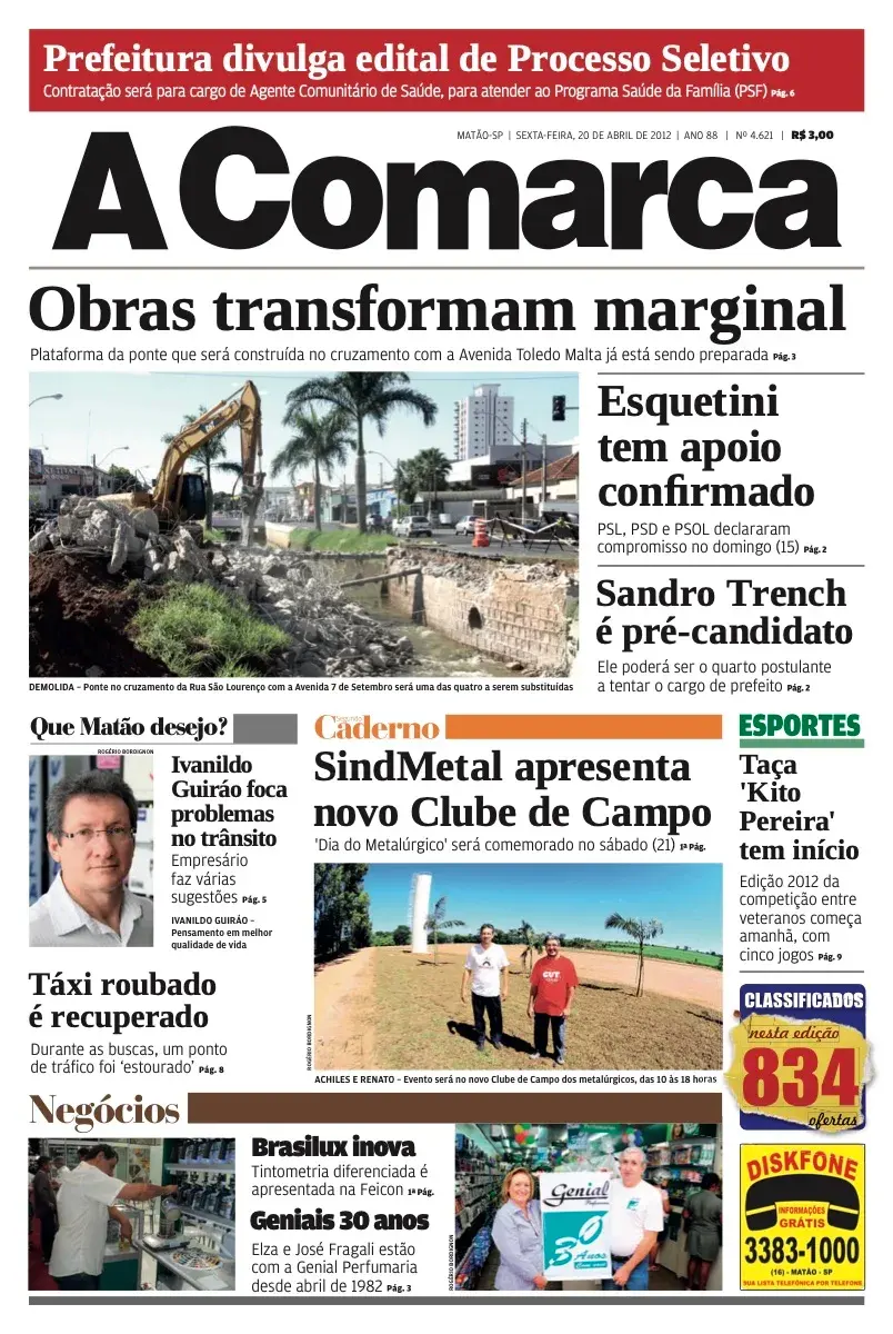 Primeira página da edição 4621 de A Comarca, 20 de abril de 2012