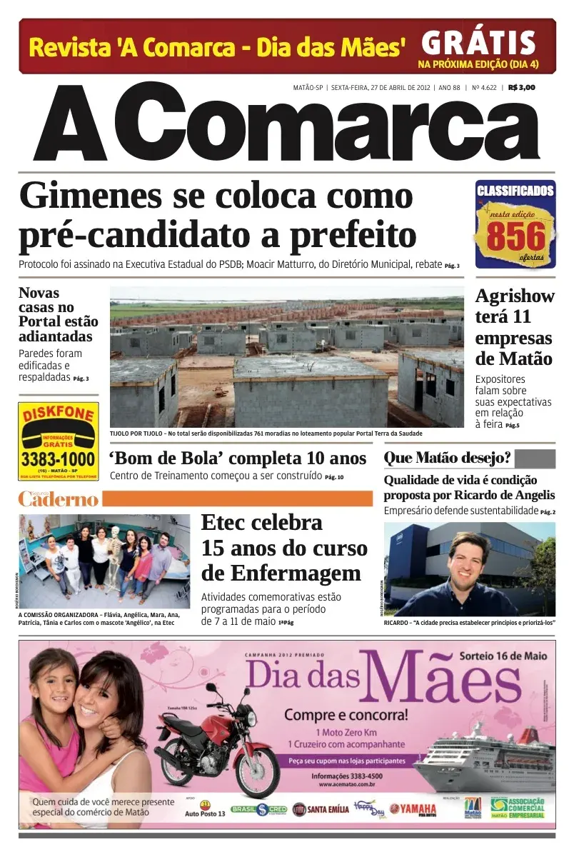 Primeira página da edição 4622 de A Comarca, 27 de abril de 2012