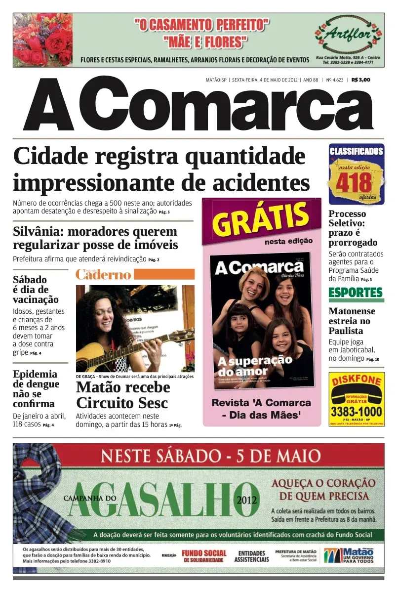 Primeira página da edição 4623 de A Comarca, 4 de maio de 2012