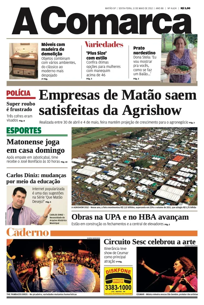 Primeira página da edição 4624 de A Comarca, 11 de maio de 2012