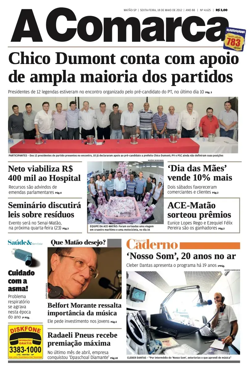 Primeira página da edição 4625 de A Comarca, 18 de maio de 2012