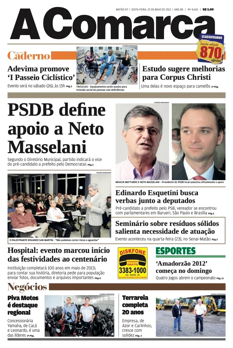 Primeira página da edição 4626 de A Comarca, 25 de maio de 2012