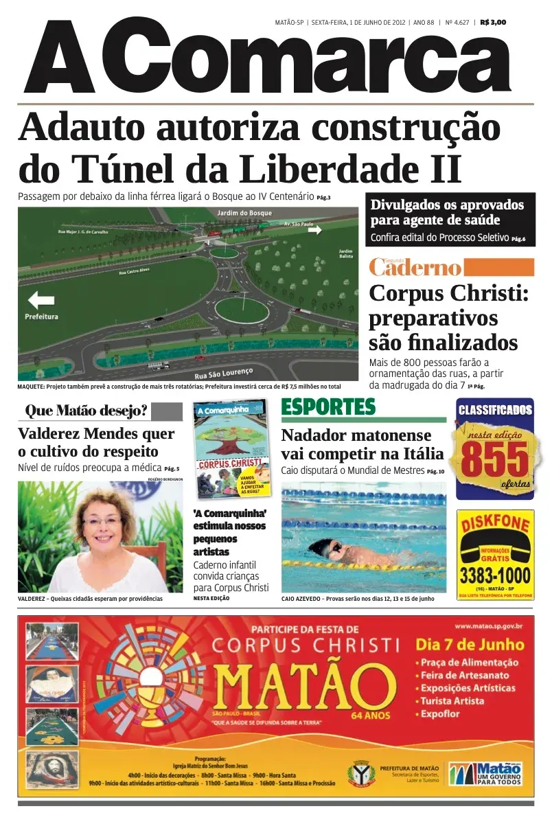 Primeira página da edição 4627 de A Comarca, 1 de junho de 2012