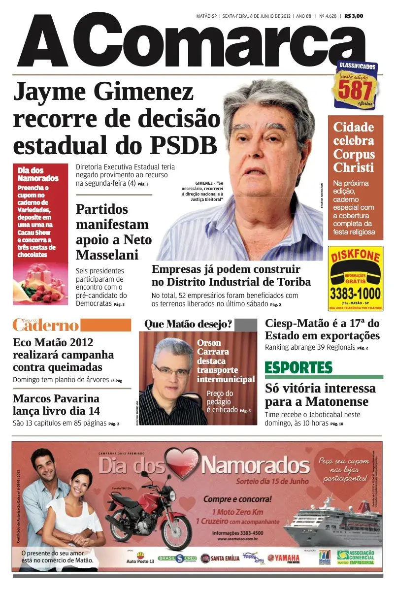 Primeira página da edição 4628 de A Comarca, 8 de junho de 2012
