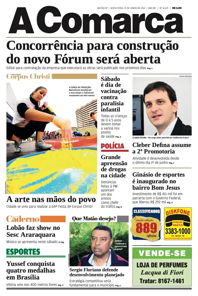 Primeira página da edição 4629 de A Comarca, 15 de junho de 2012
