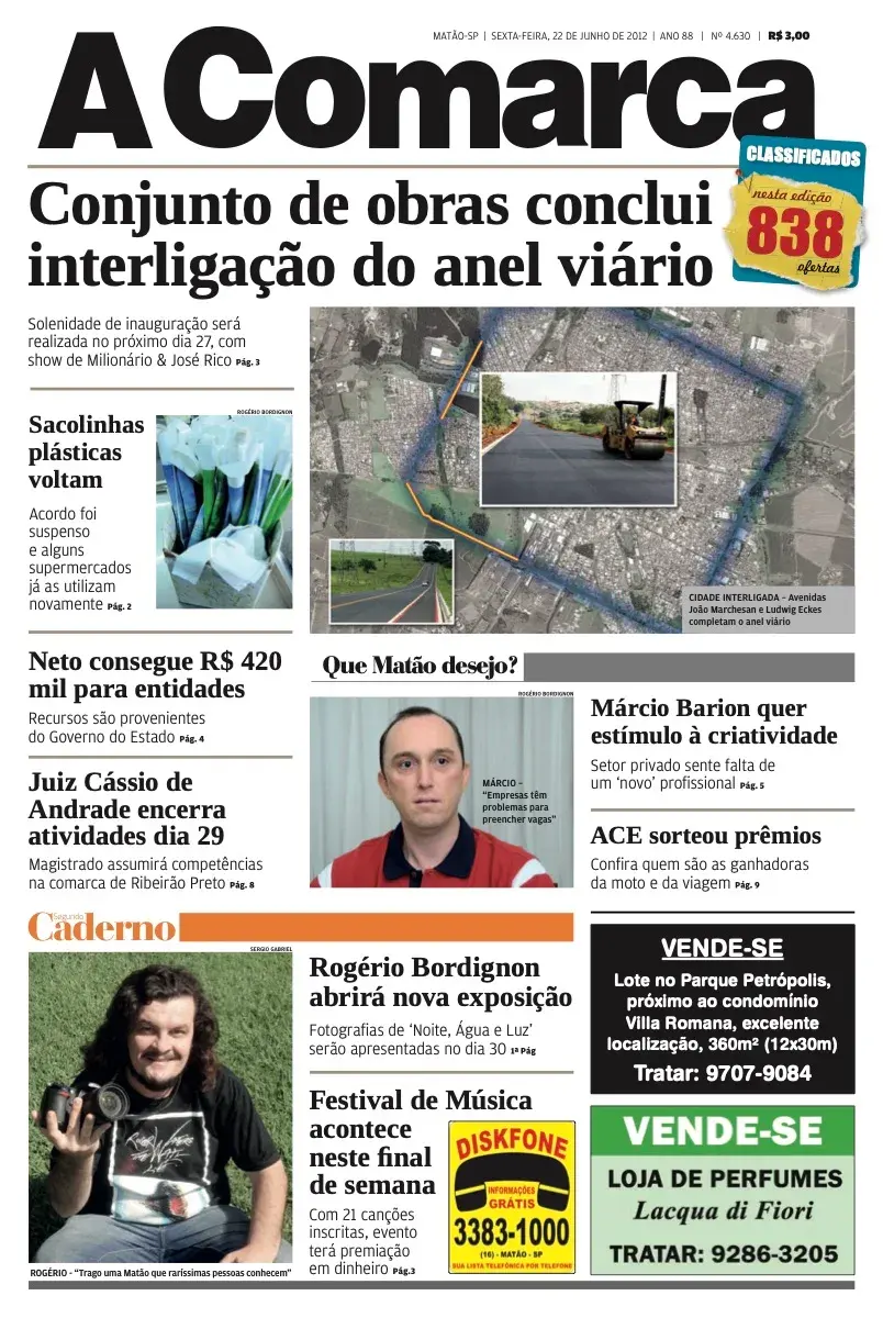 Primeira página da edição 4630 de A Comarca, 22 de junho de 2012