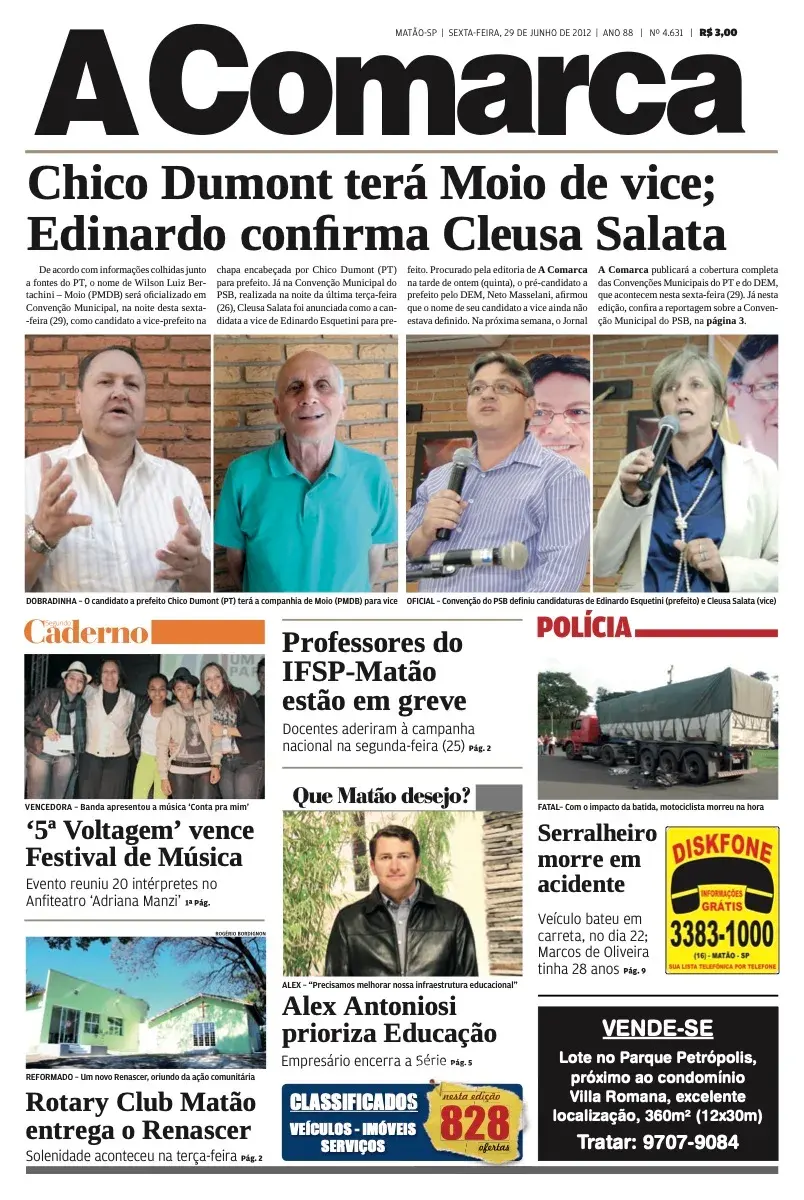 Primeira página da edição 4631 de A Comarca, 29 de junho de 2012