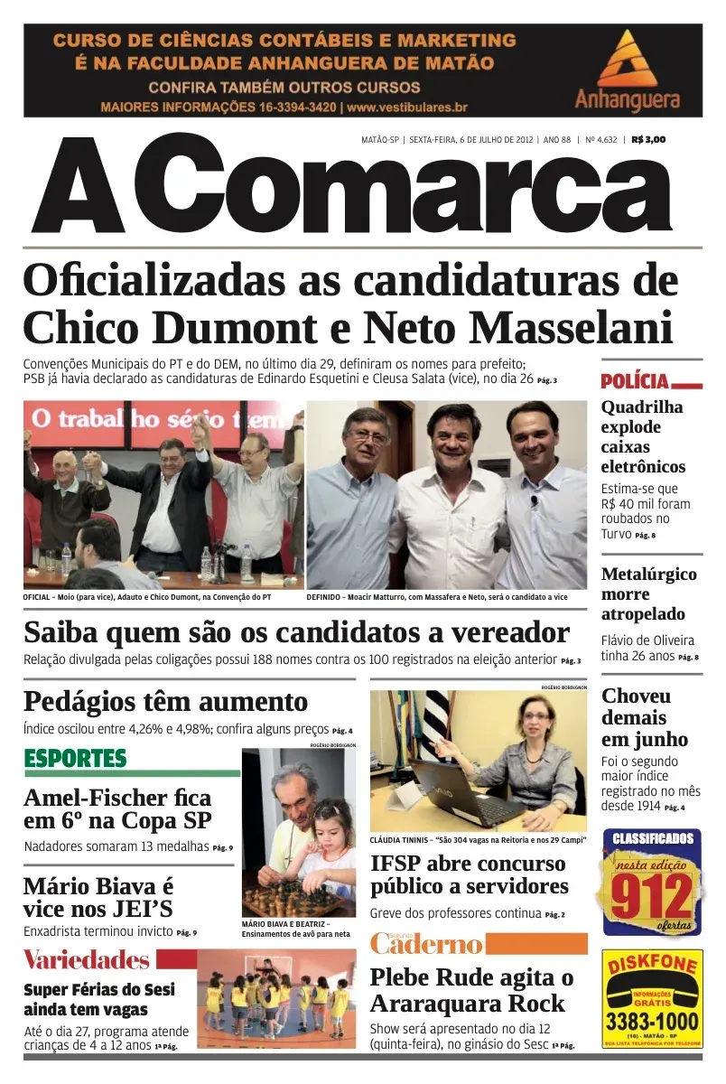 Primeira página da edição 4632 de A Comarca, 6 de julho de 2012