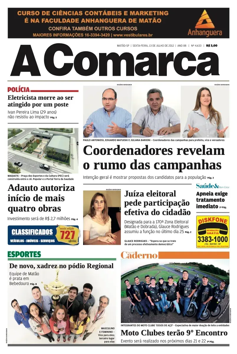 Primeira página da edição 4633 de A Comarca, 13 de julho de 2012