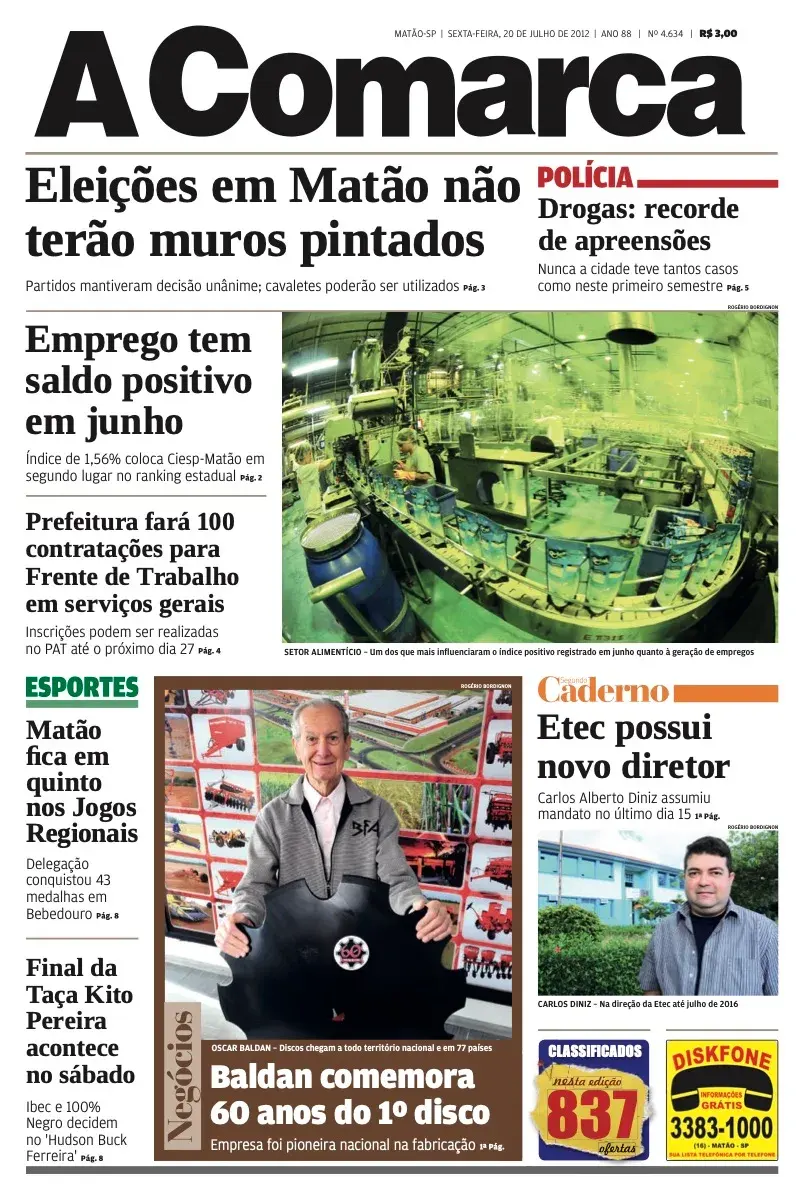 Primeira página da edição 4634 de A Comarca, 20 de julho de 2012