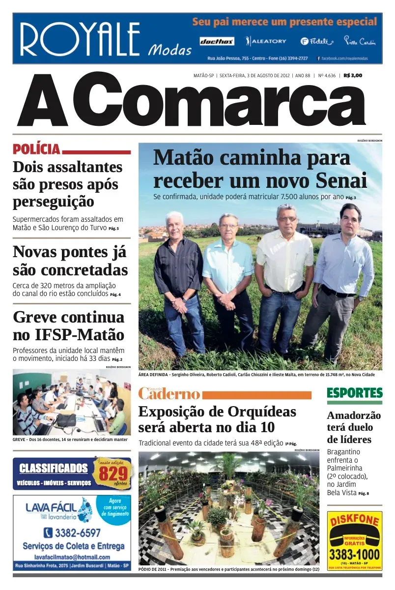Primeira página da edição 4636 de A Comarca, 3 de agosto de 2012