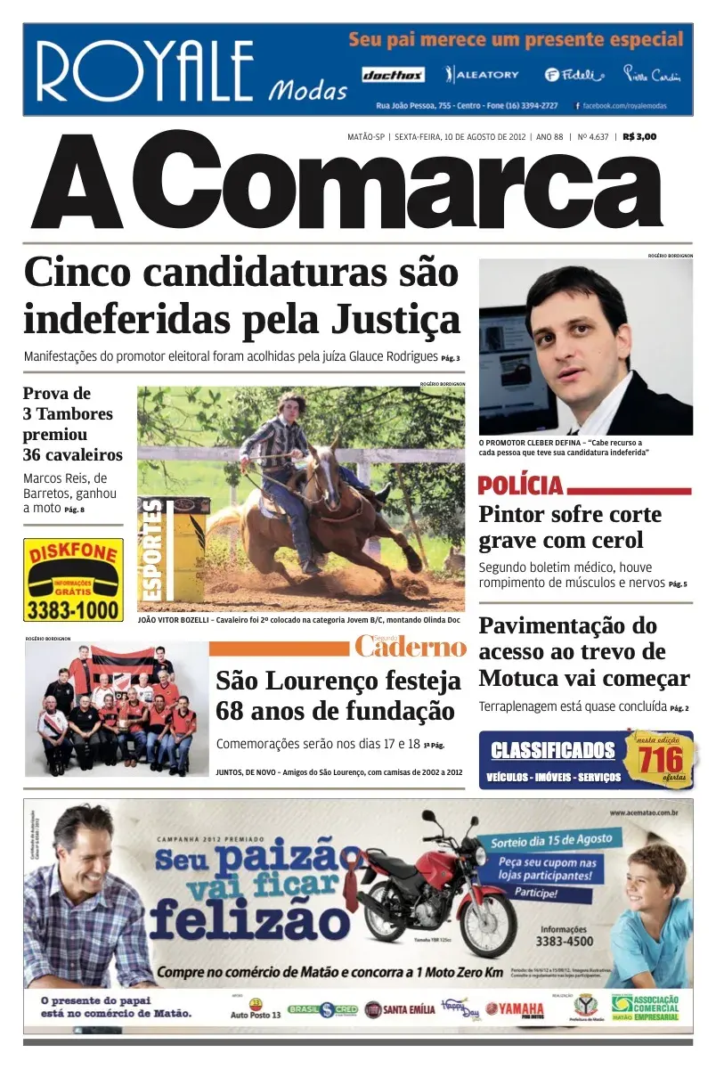Primeira página da edição 4637 de A Comarca, 10 de agosto de 2012