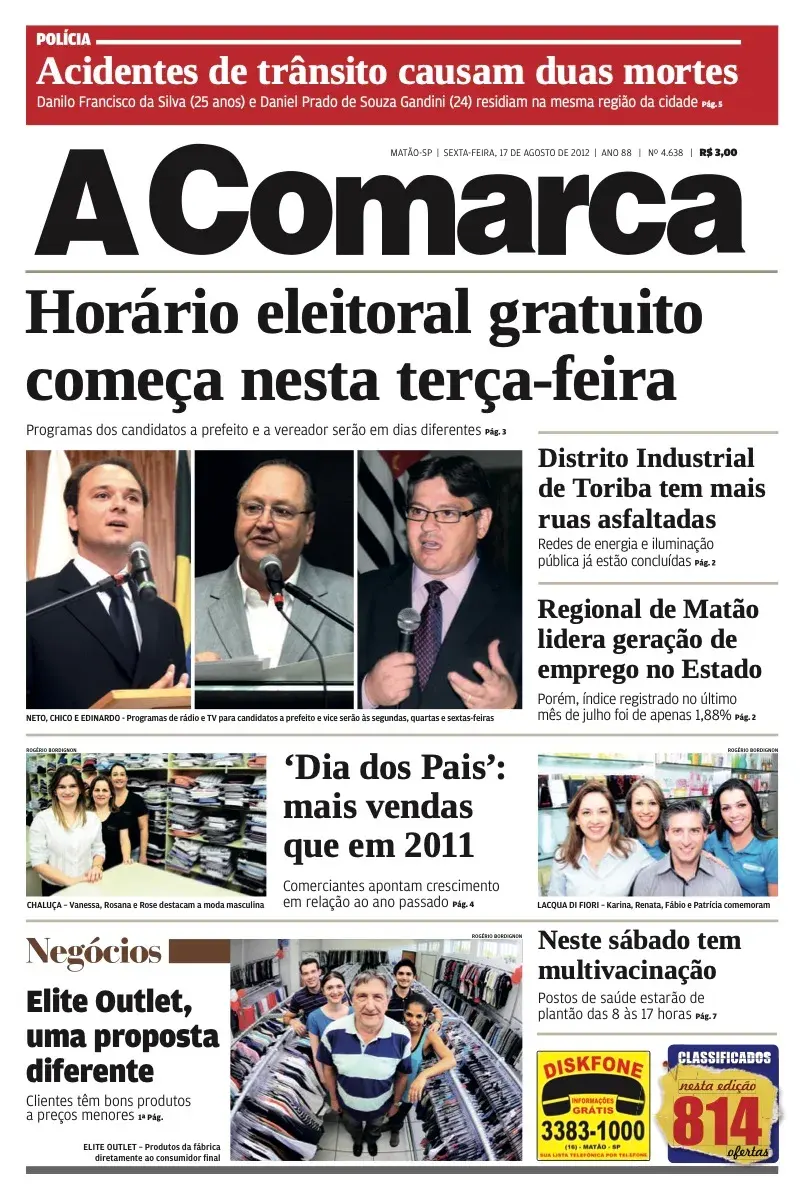 Primeira página da edição 4638 de A Comarca, 17 de agosto de 2012