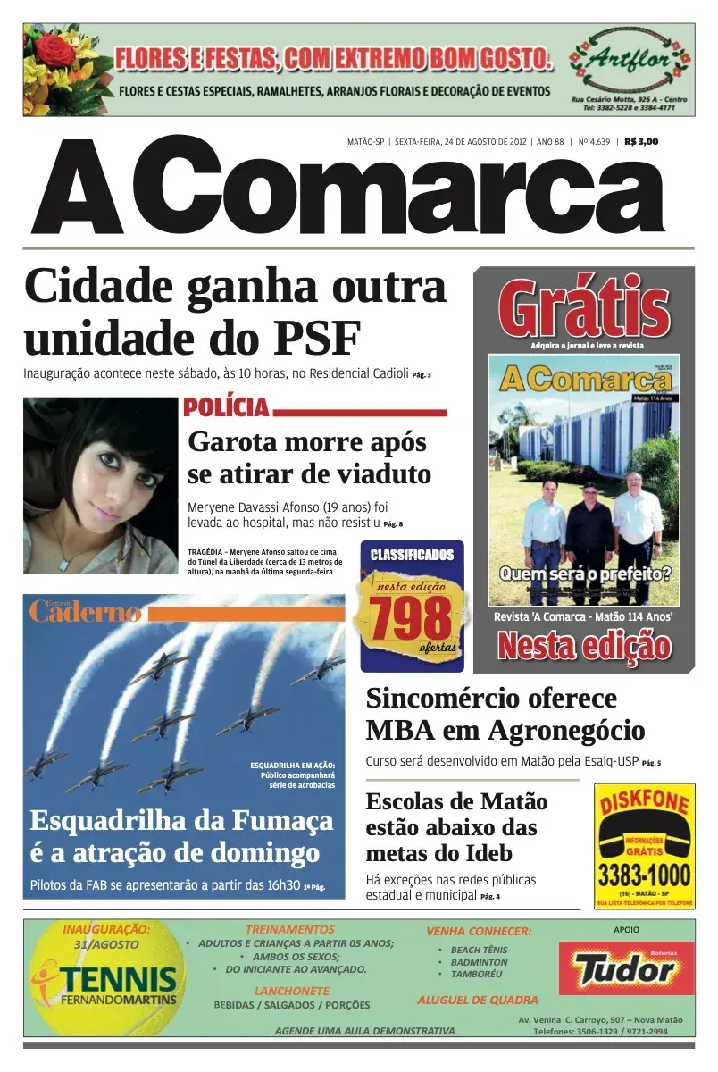 Primeira página da edição 4639 de A Comarca, 24 de agosto de 2012
