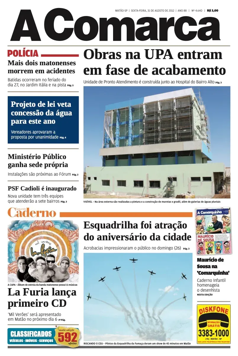 Primeira página da edição 4640 de A Comarca, 31 de agosto de 2012