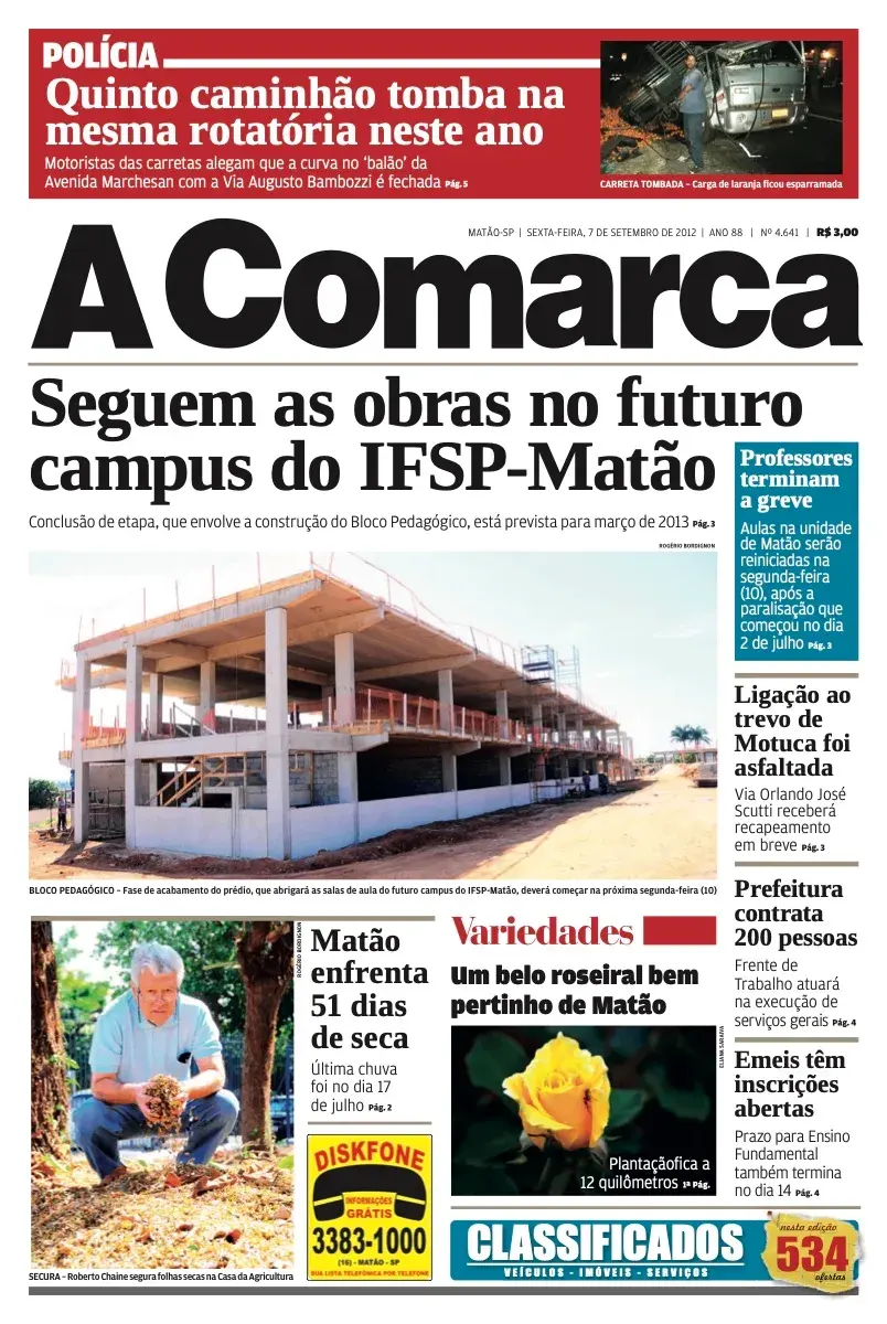 Primeira página da edição 4641 de A Comarca, 7 de setembro de 2012