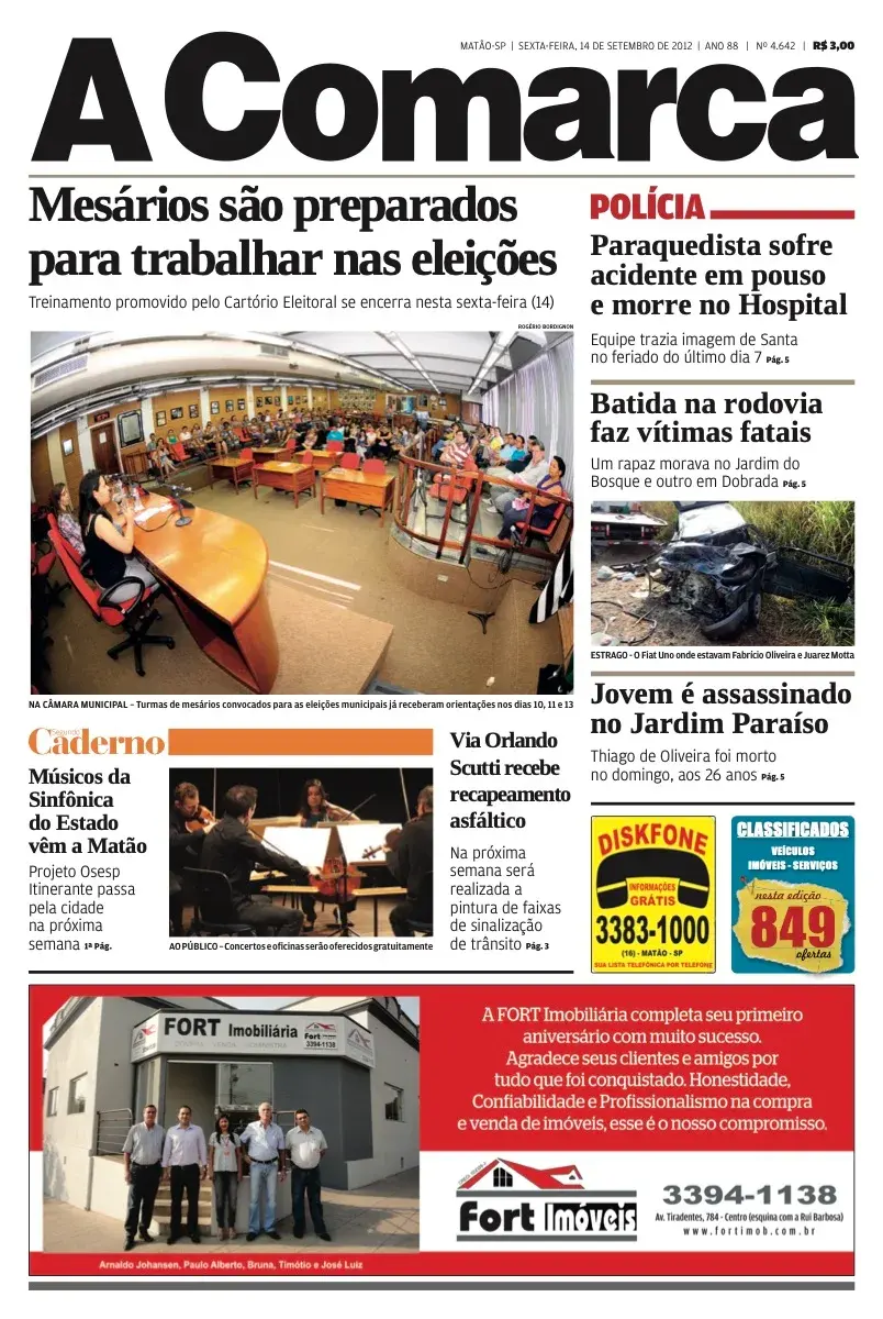 Primeira página da edição 4642 de A Comarca, 14 de setembro de 2012