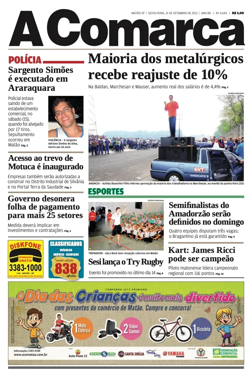 Primeira página da edição 4643 de A Comarca, 21 de setembro de 2012