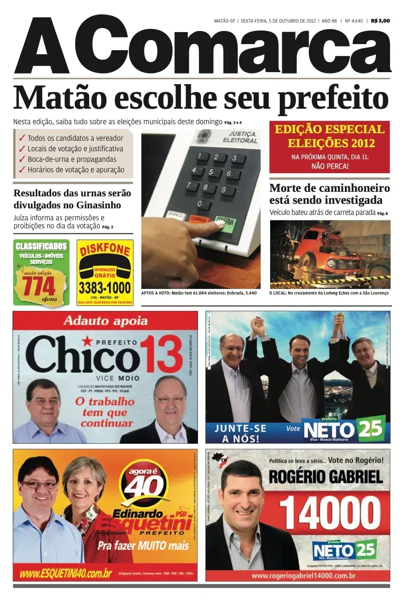 Primeira página da edição 4645 de A Comarca, 5 de outubro de 2012