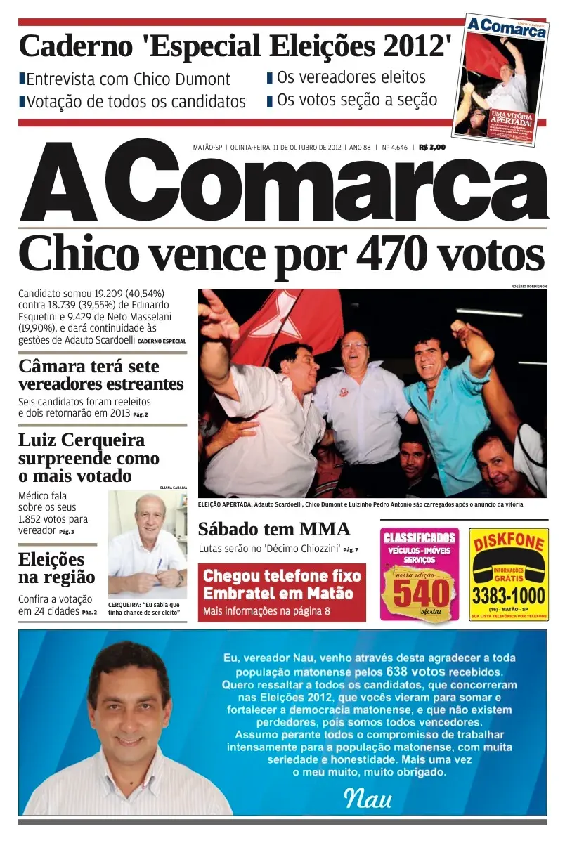 Primeira página da edição 4646 de A Comarca, 12 de outubro de 2012