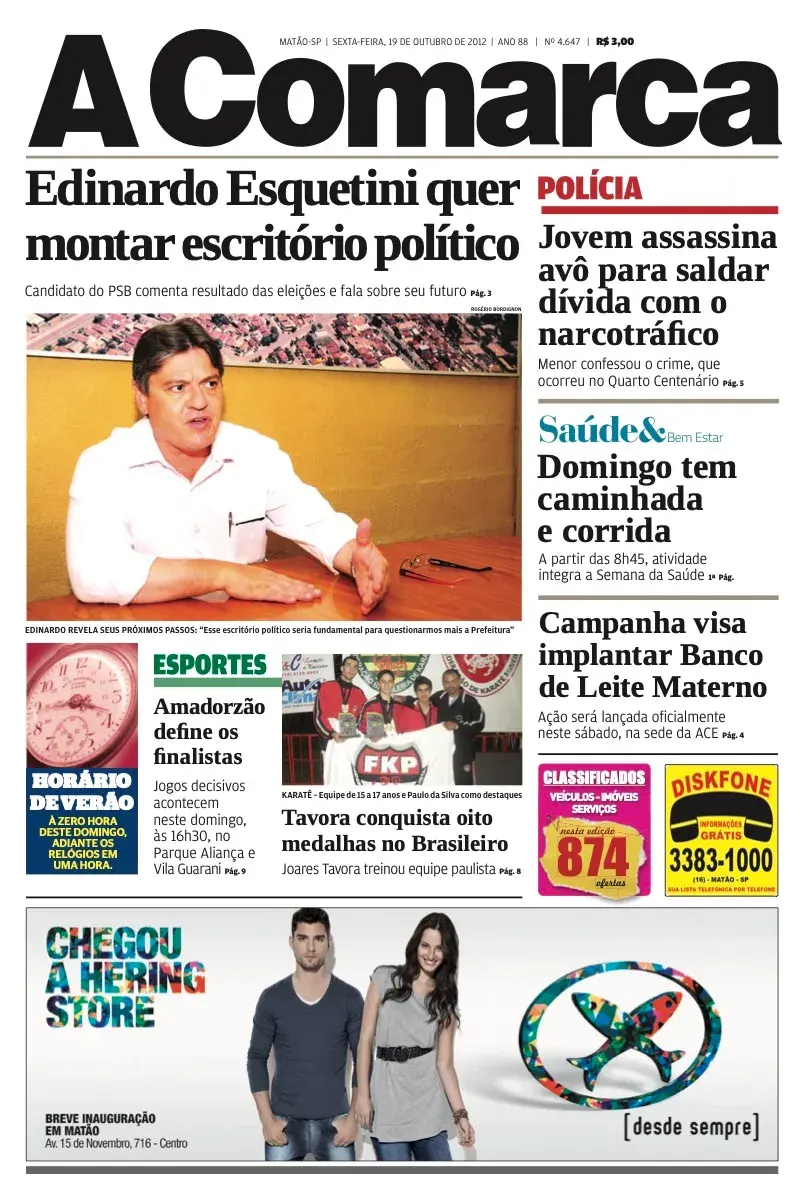 Primeira página da edição 4647 de A Comarca, 19 de outubro de 2012