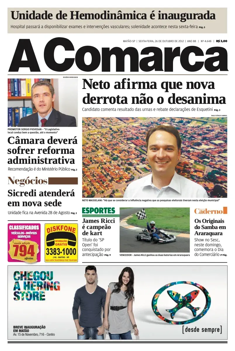 Primeira página da edição 4648 de A Comarca, 26 de outubro de 2012